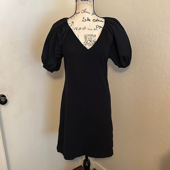 Anthropologie Maeve Annika Black Puffy Balloon Sleeve Dress Minimalist Modern - Picture 6 of 16